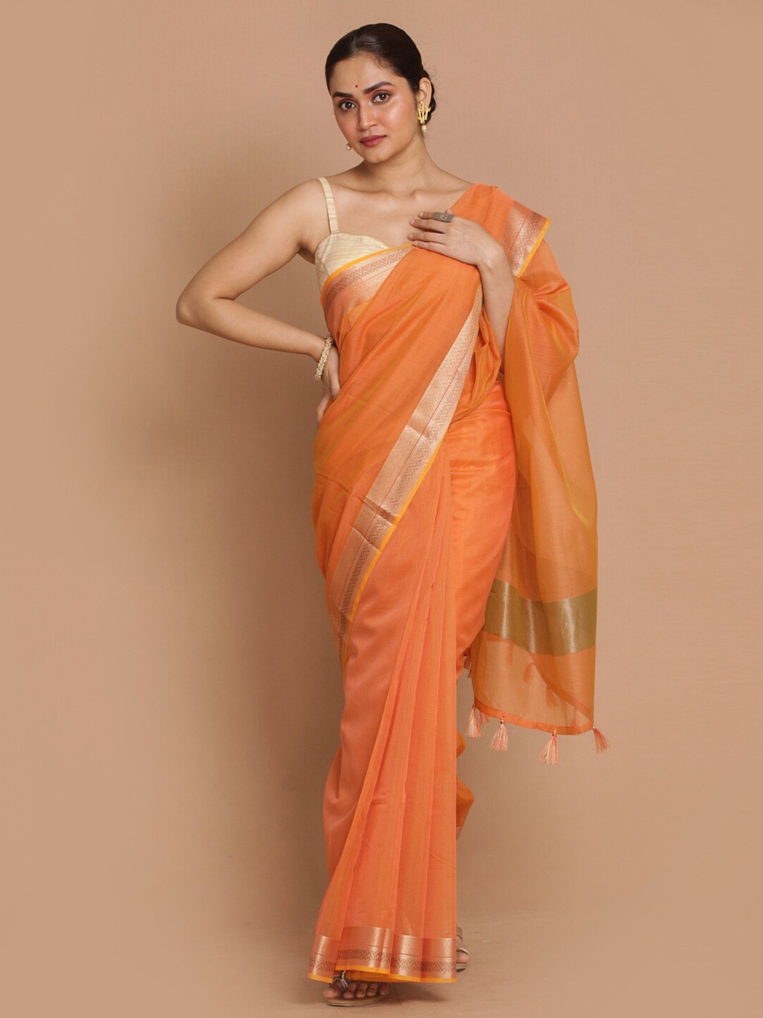 

Indethnic Orange & Gold-Toned Woven Designed Banarasi Saree