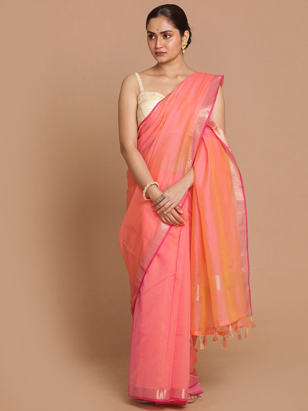 

Saranee Coral & Pink Zari Banarasi Saree