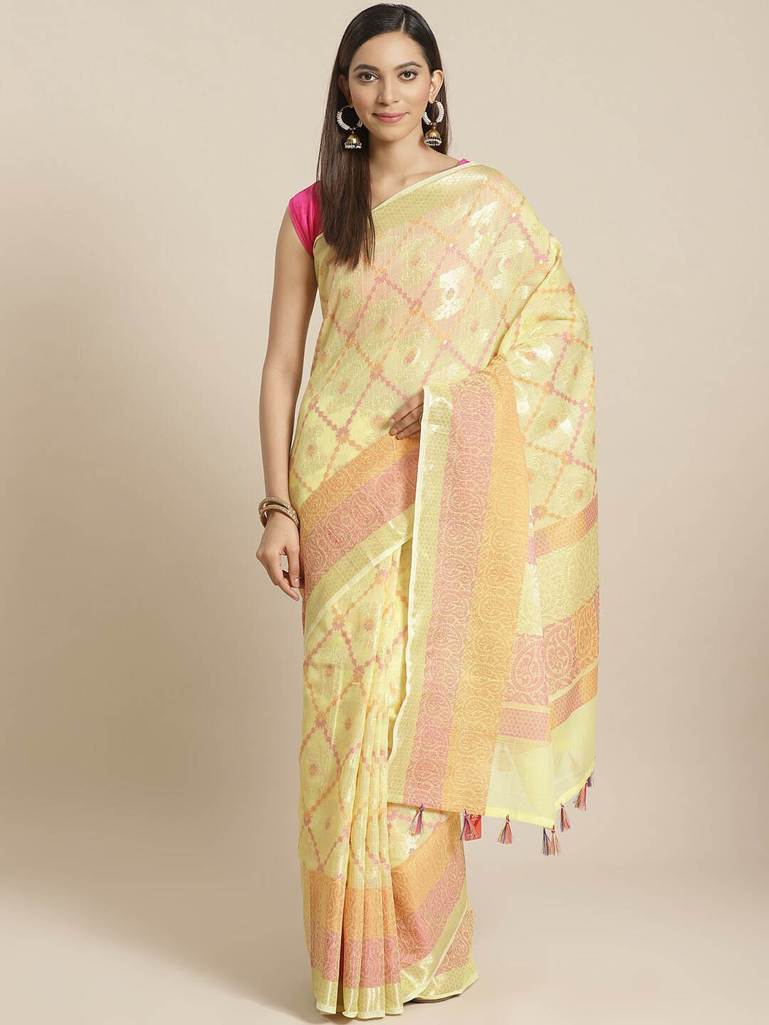 

Indethnic Yellow & Pink Ethnic Motifs Zari Banarasi Saree