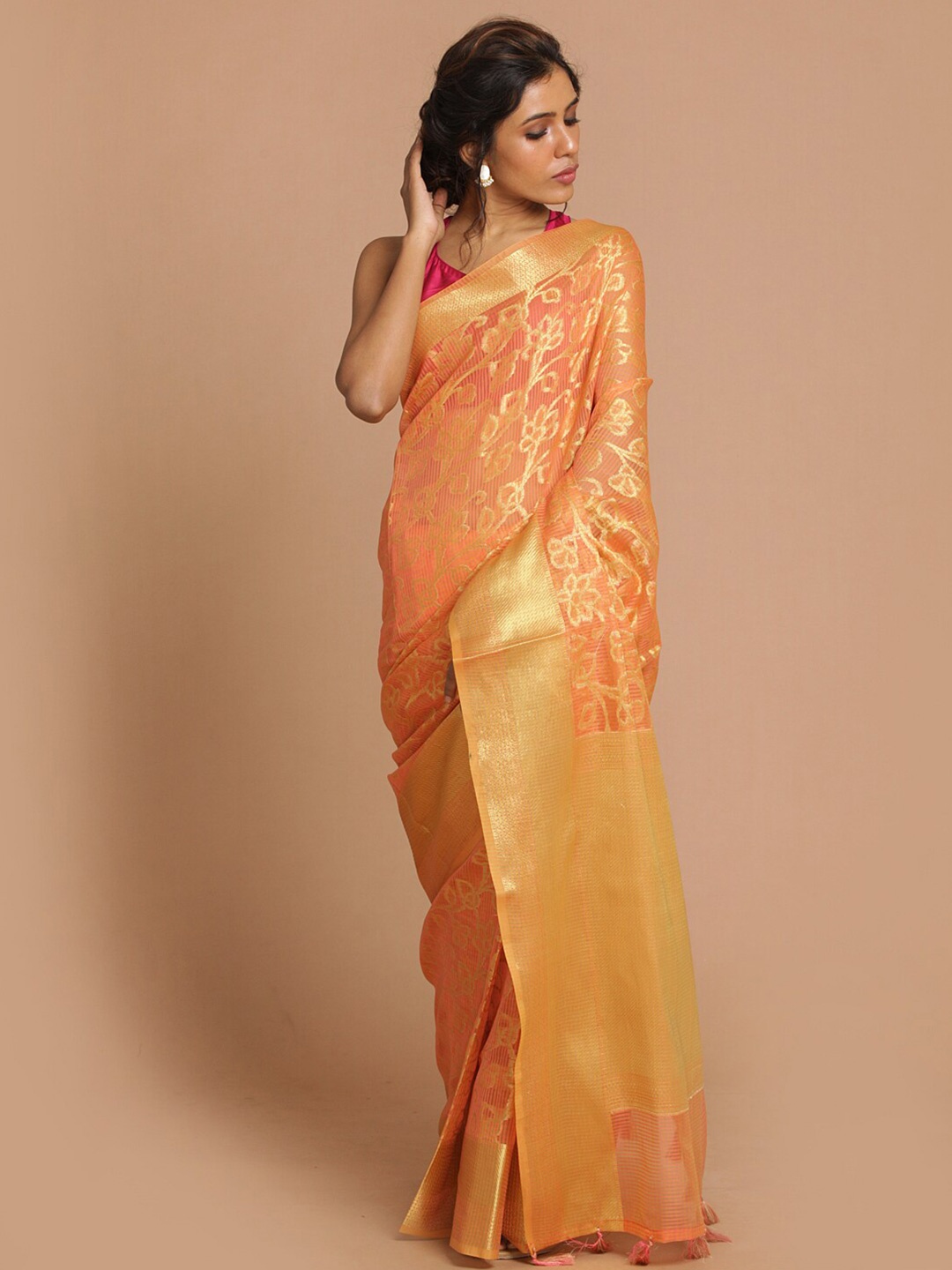 

Saranee Coral & Gold-Toned Woven Design Zari Banarasi Saree