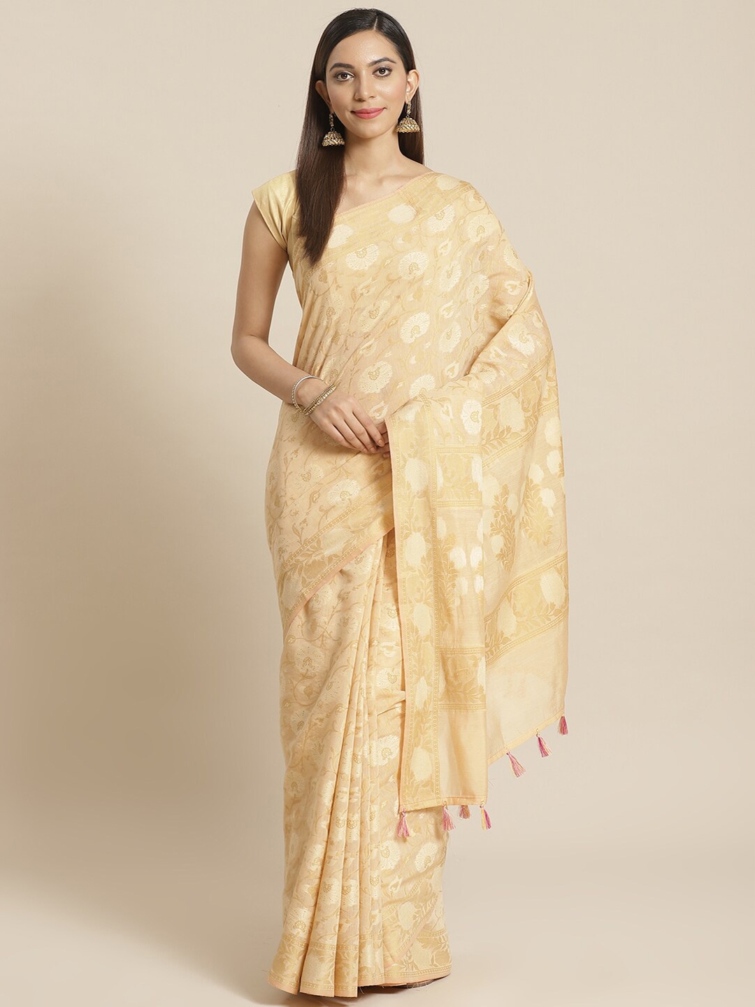 

Indethnic Beige & Gold-Coloured Floral Banarasi Saree