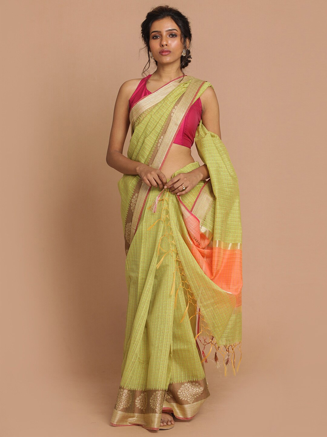 

Indethnic Lime Green & Orange Striped Banarasi Saree