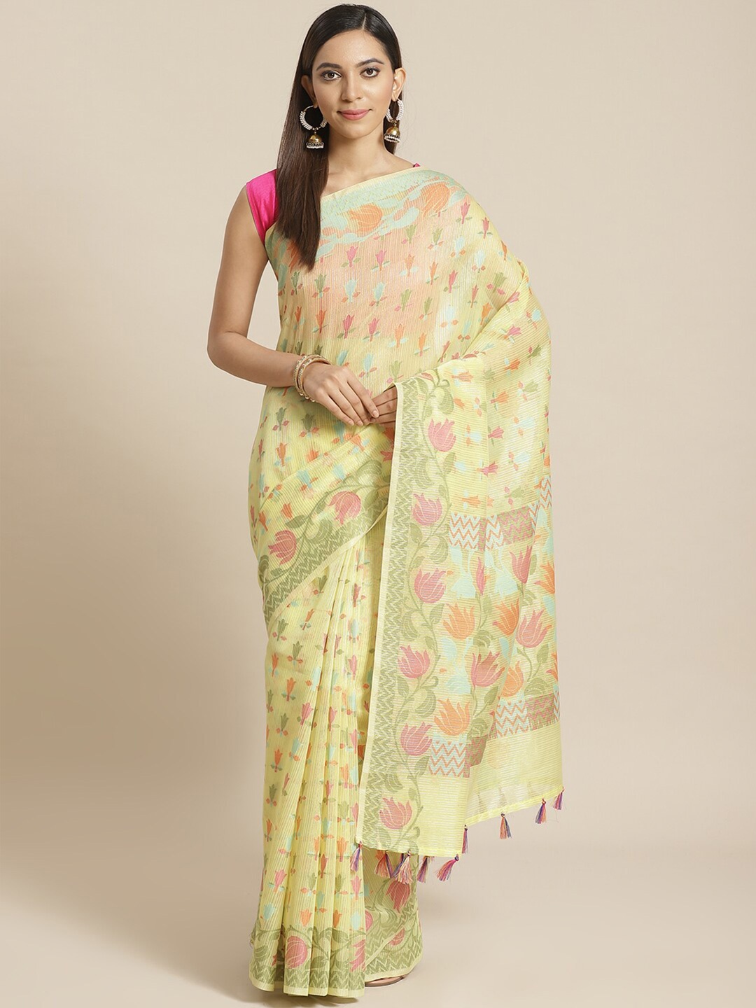 

Indethnic Lime Green & Pink Floral Zari Banarasi Saree