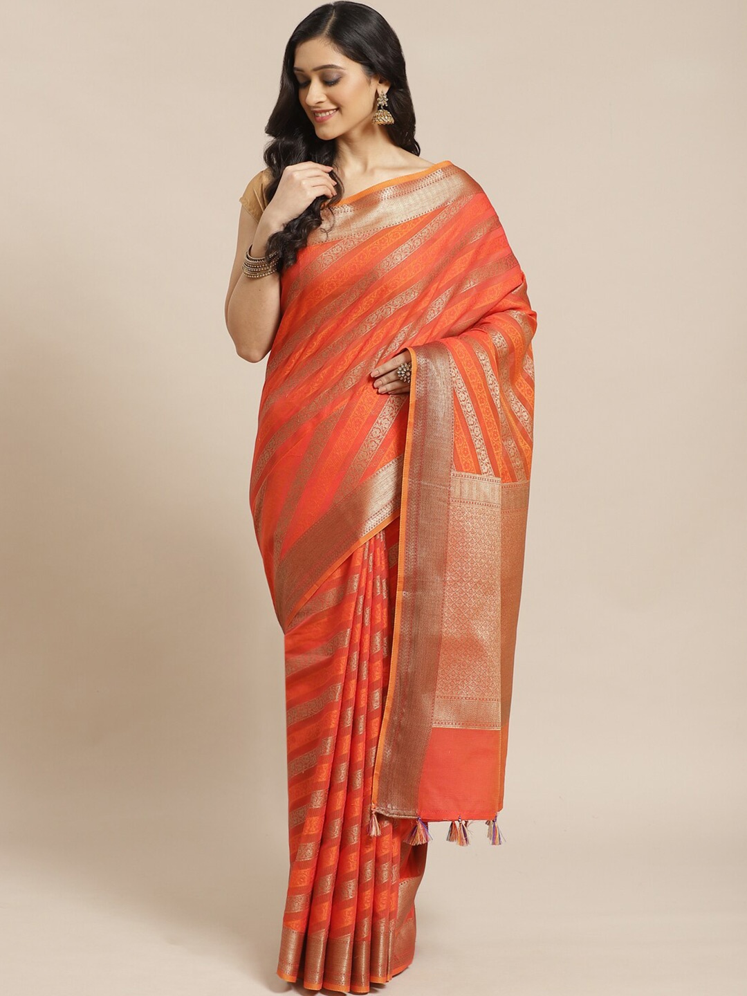 

Saranee Rust & Gold-Coloured Striped Zari Banarasi Saree