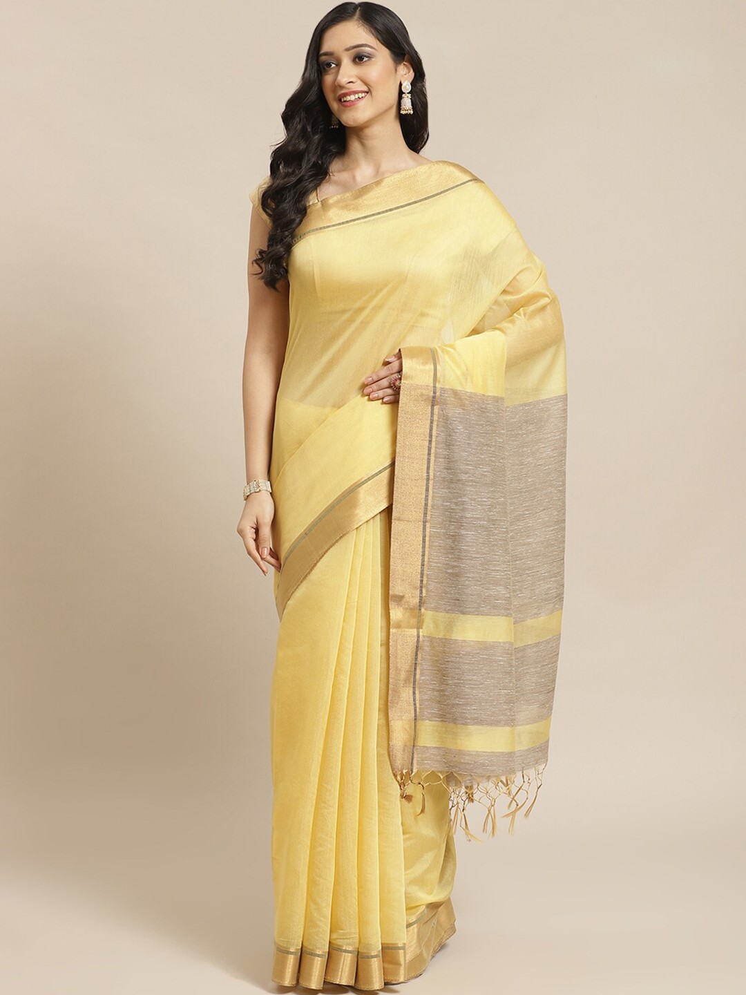 

Saranee Yellow Solid Banarasi Saree