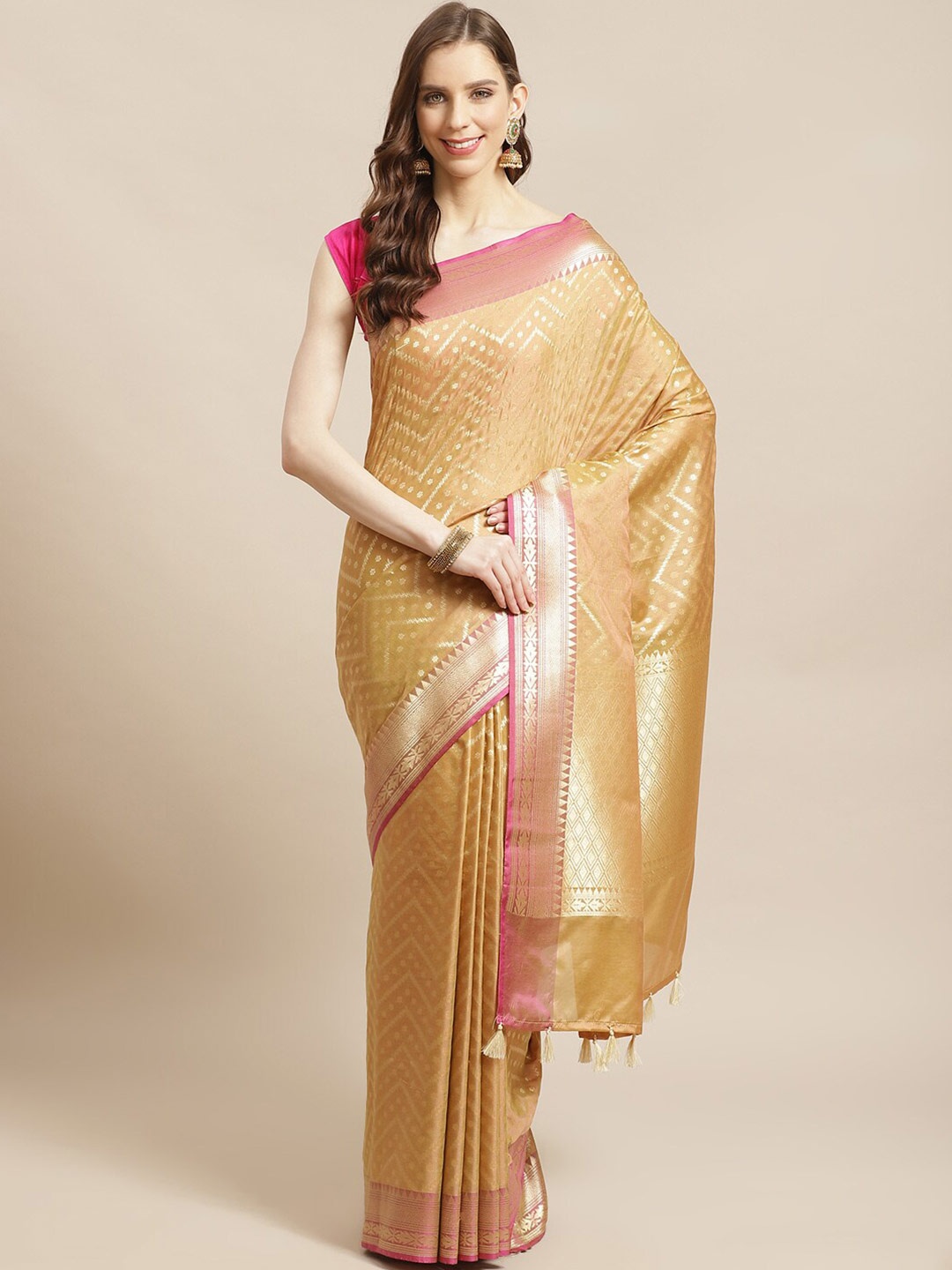 

Indethnic Beige & Pink Zari Banarasi Saree