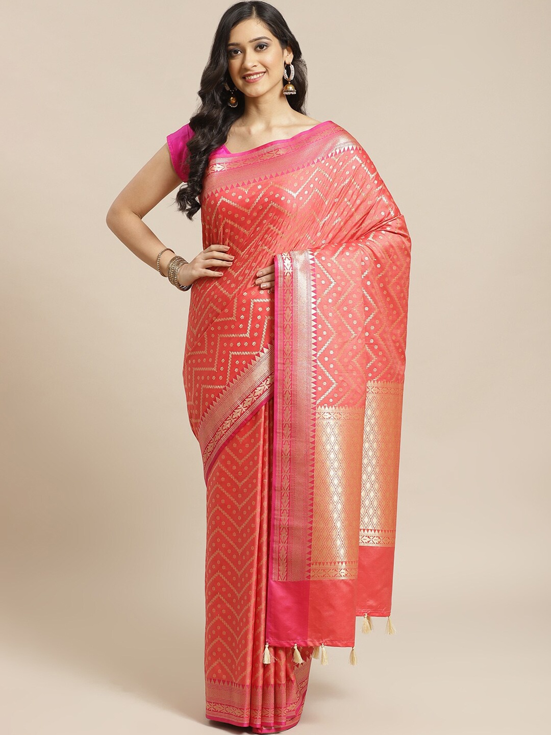 

Saranee Coral & Gold-Toned Ethnic Motifs Zari Banarasi Saree