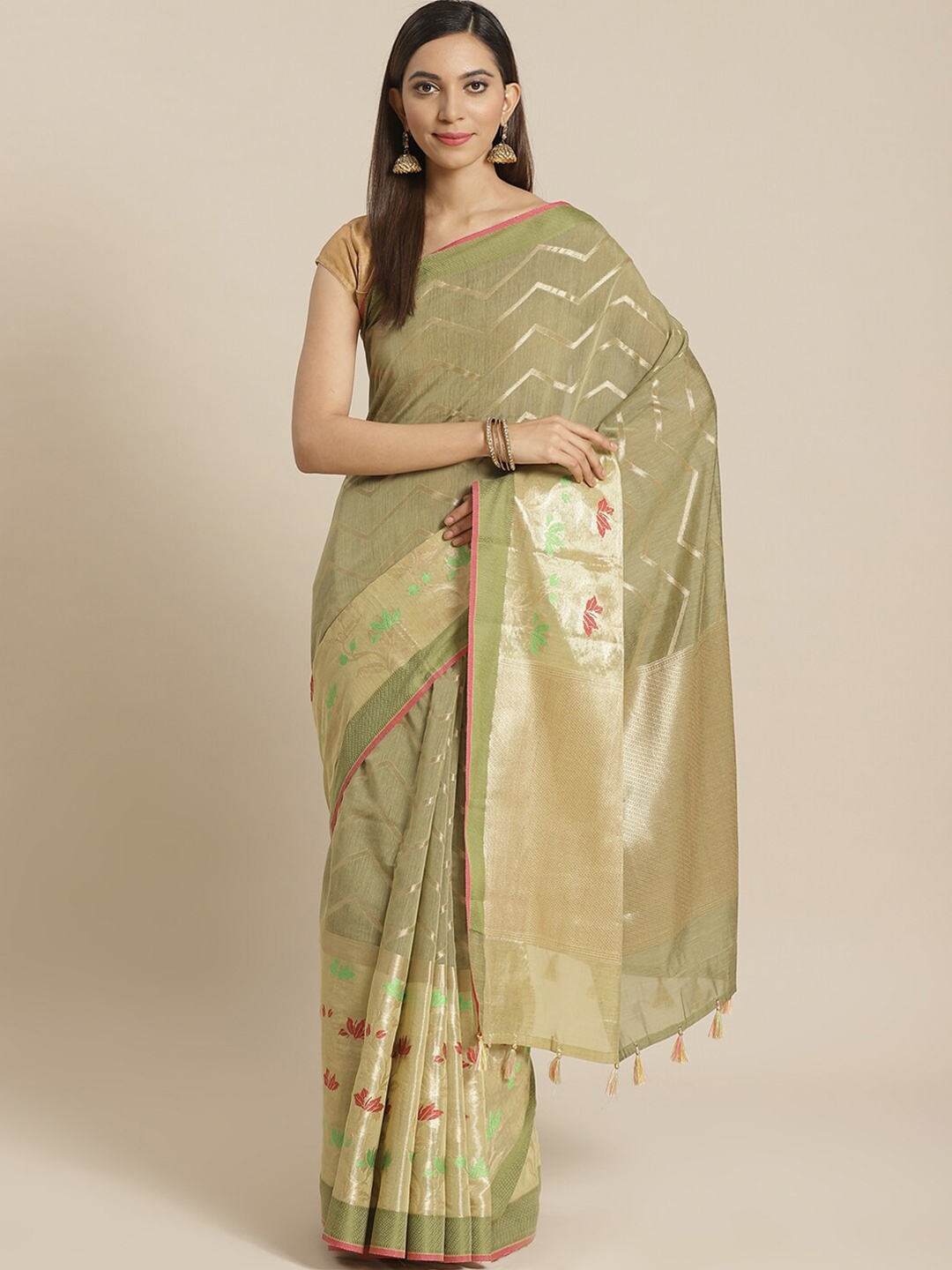 

Saranee Olive Green & Gold-Toned Floral Zari Banarasi Saree