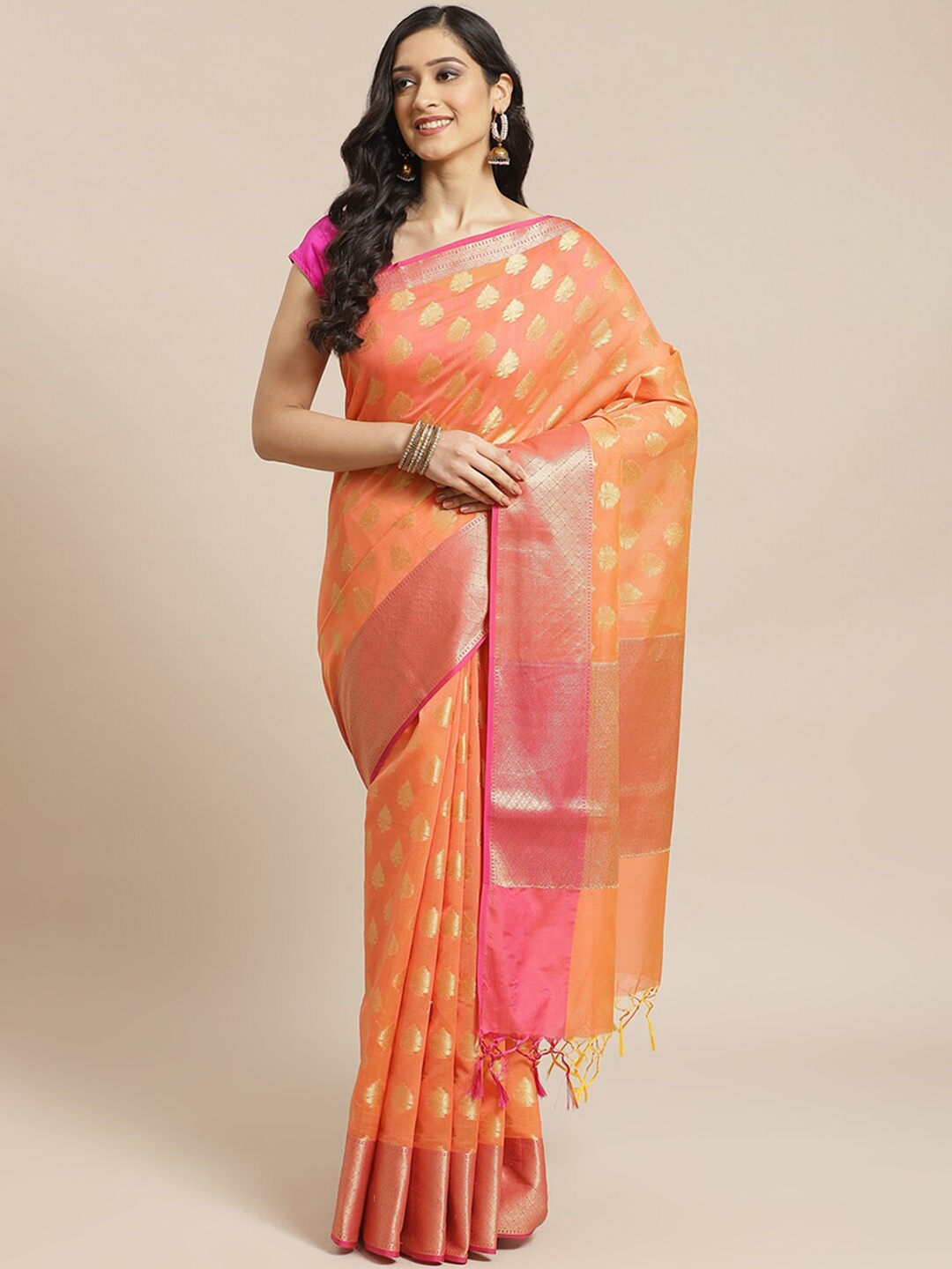 

Saranee Peach-Coloured & Pink Woven Design Zari Banarasi Saree