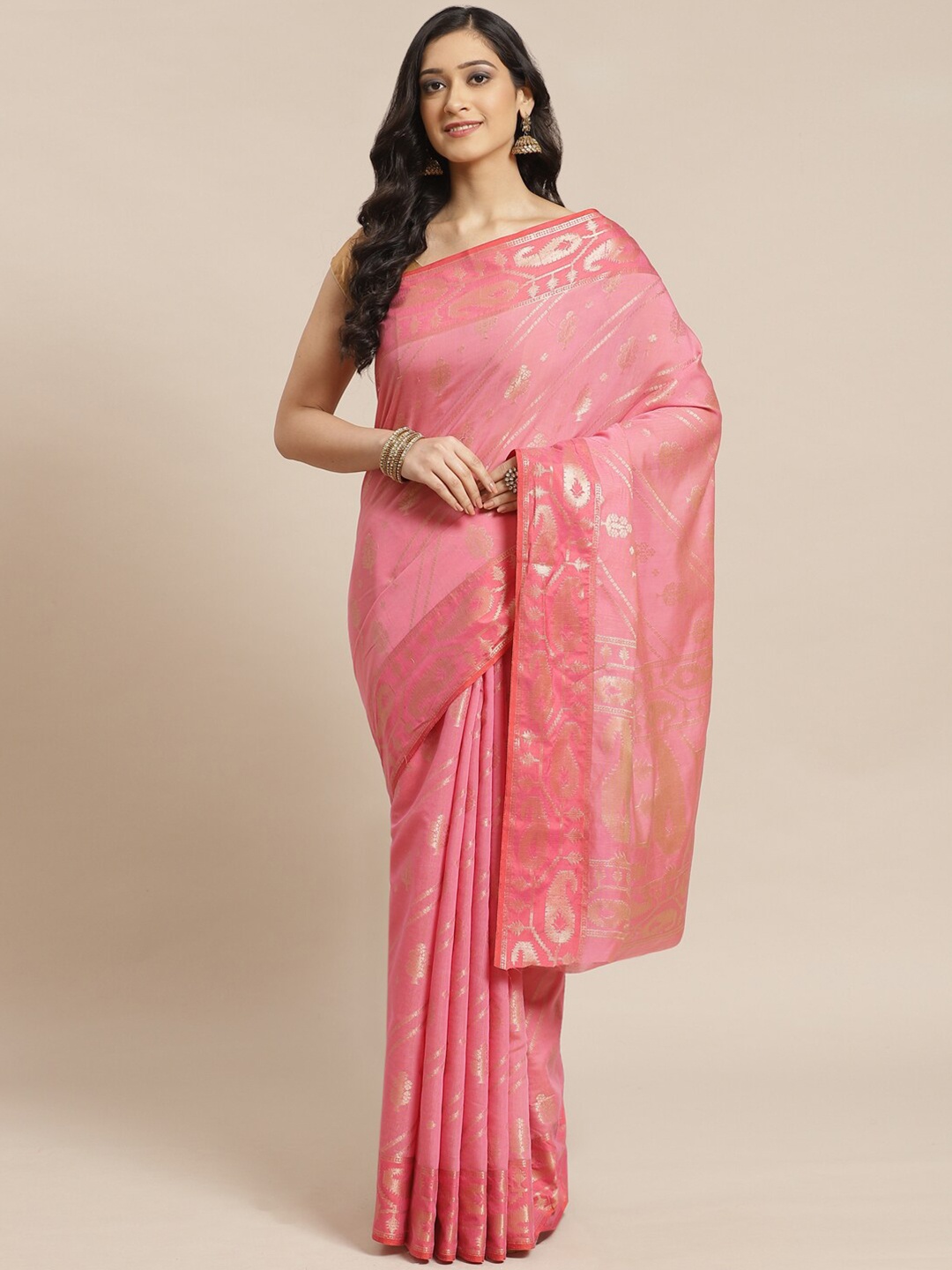 

Indethnic Fuchsia & Gold Ethnic Motifs Zari Banarasi Saree