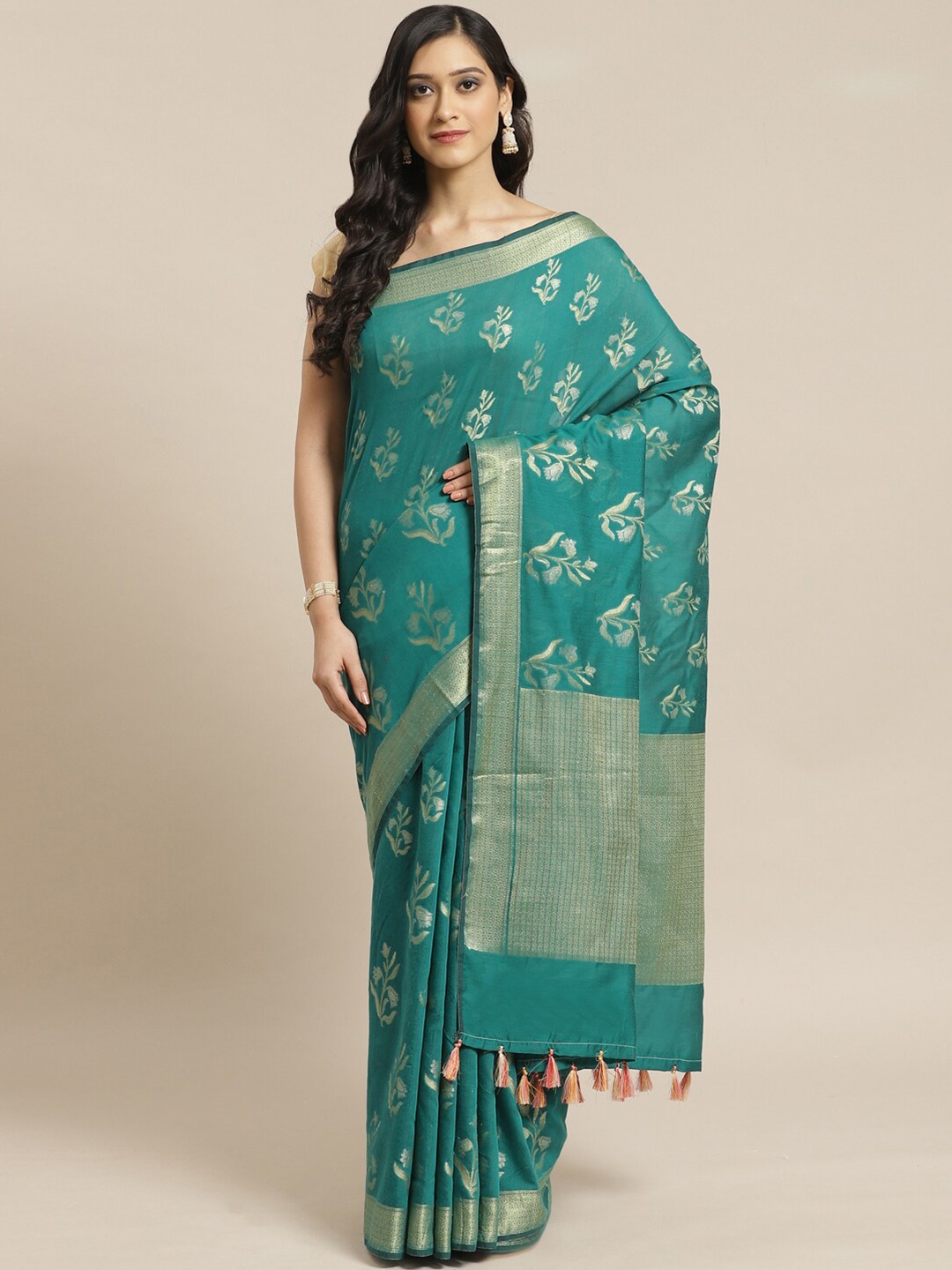 

Saranee Green & Gold-Toned Floral Zari Banarasi Saree