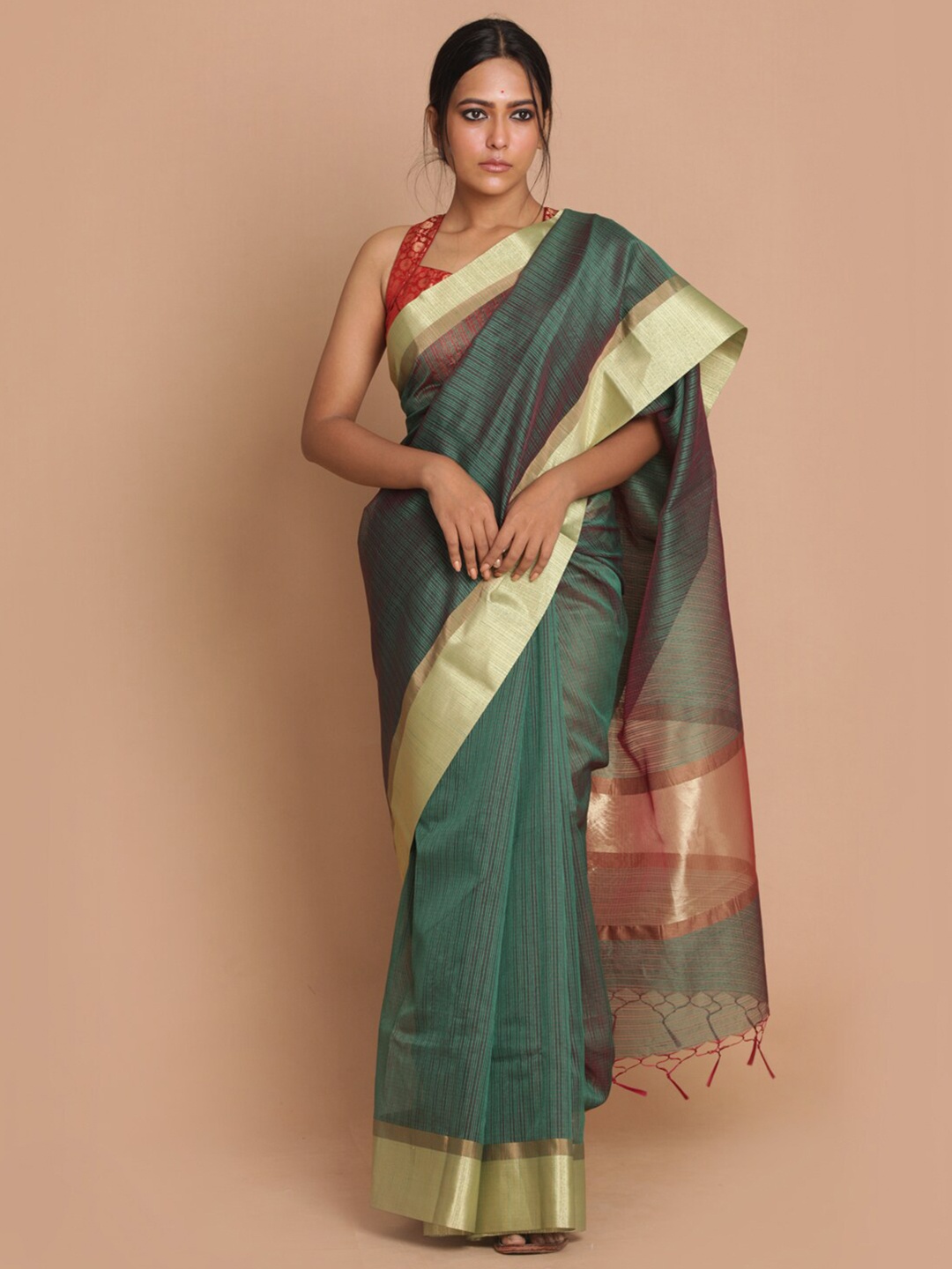 

Indethnic Green & Red Checked Zari Banarasi Saree