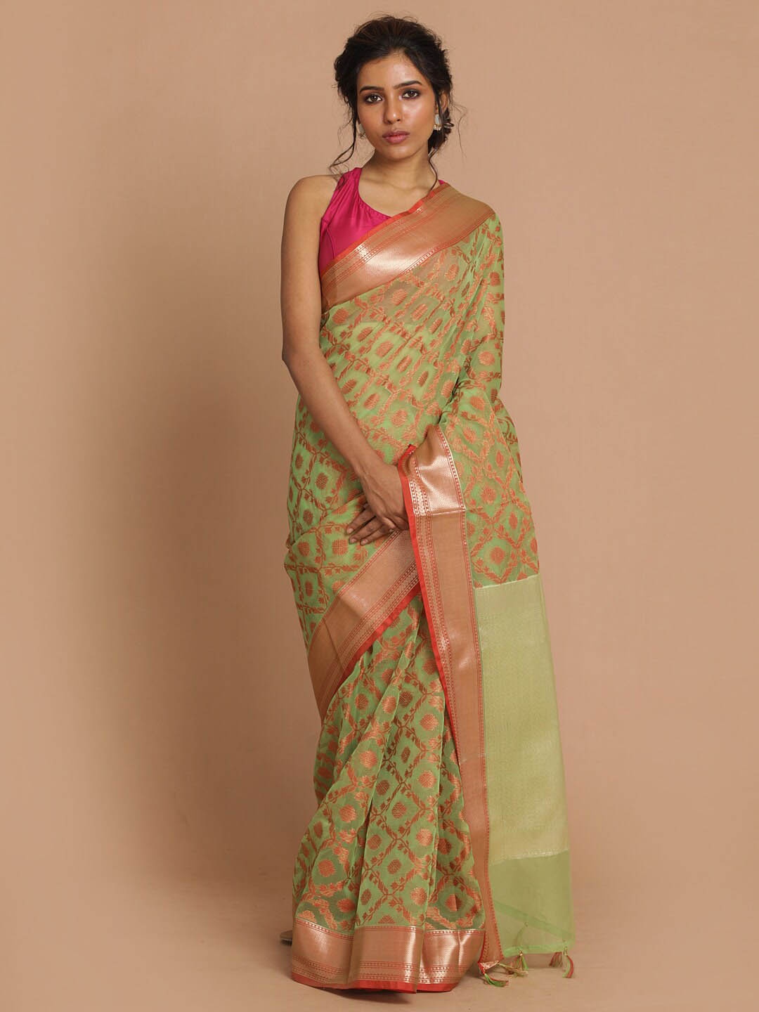 

Indethnic Women Green Woven Design Banarasi Saree