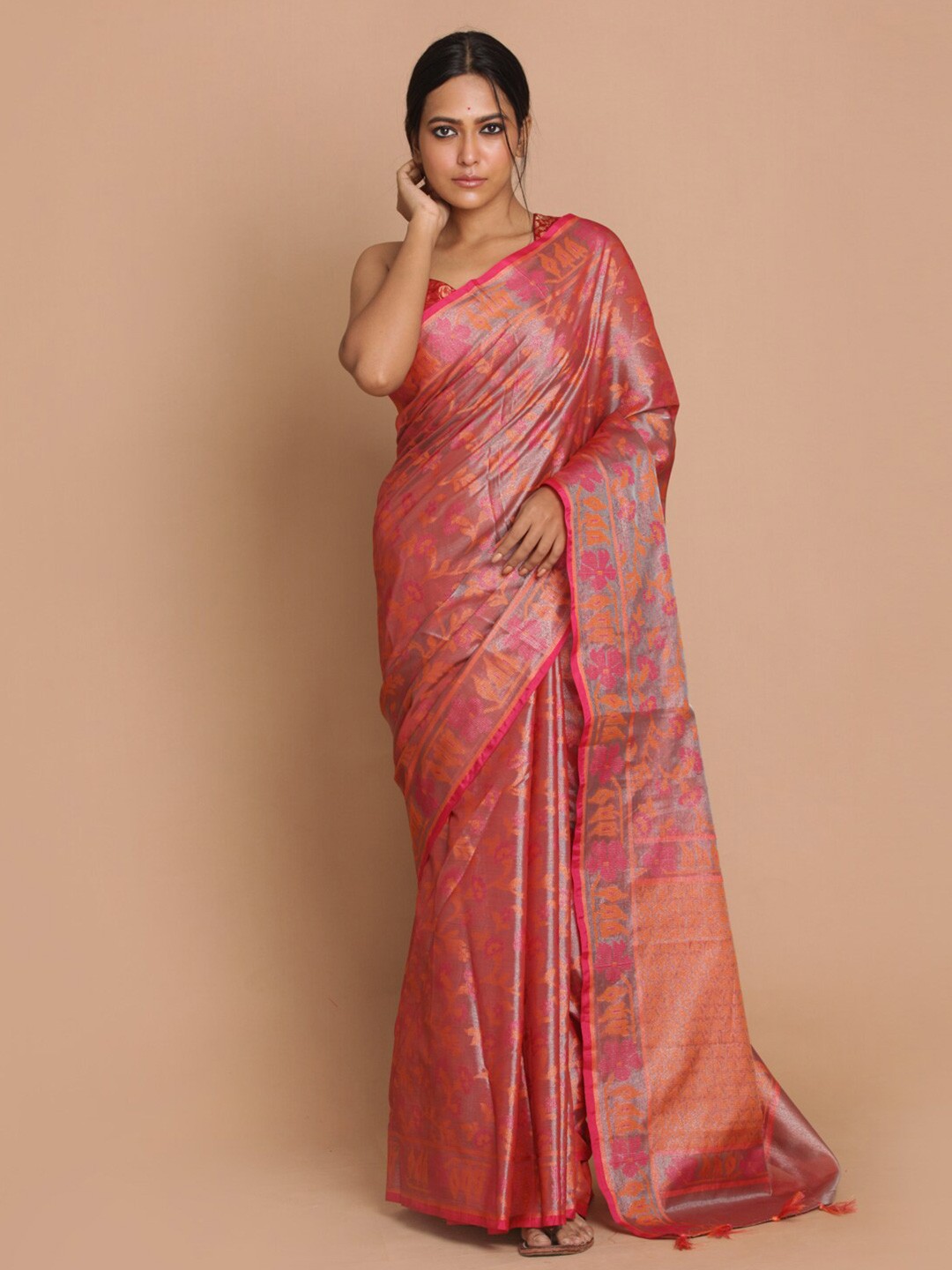 

Indethnic Pink & Orange Floral Banarasi Saree