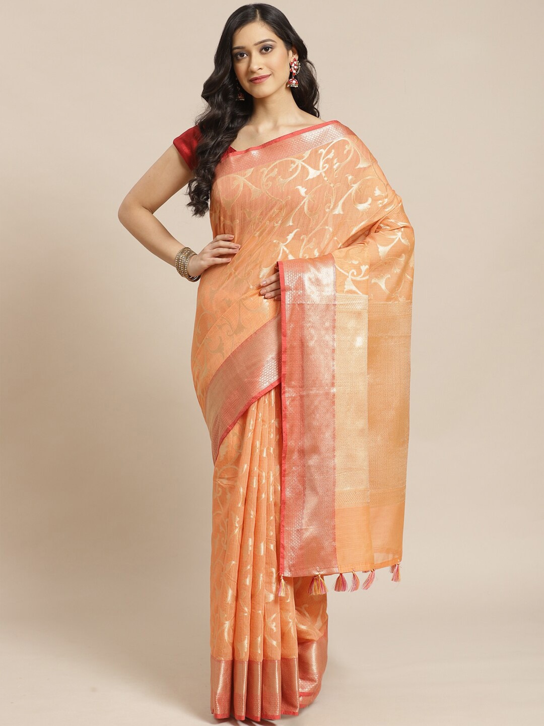 

Indethnic Peach-Coloured & Rust Floral Zari Banarasi Saree