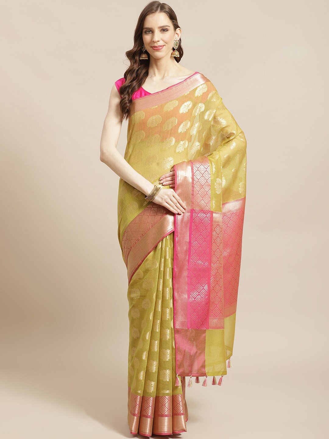 

Indethnic Olive Green & Pink Ethnic Motifs Zari Banarasi Saree