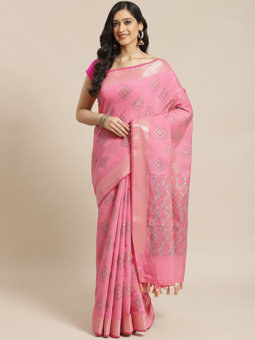 

Saranee Fuchsia & Blue Ethnic Motifs Zari Banarasi Saree