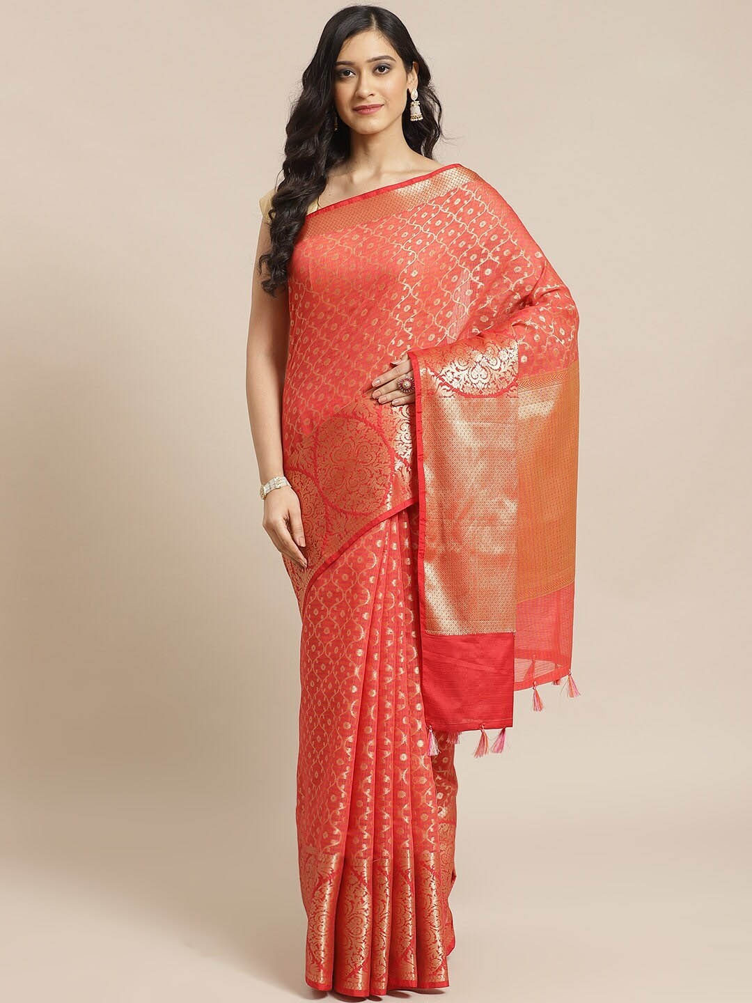

Indethnic Red & Gold-Toned Ethnic Motifs Zari Banarasi Saree