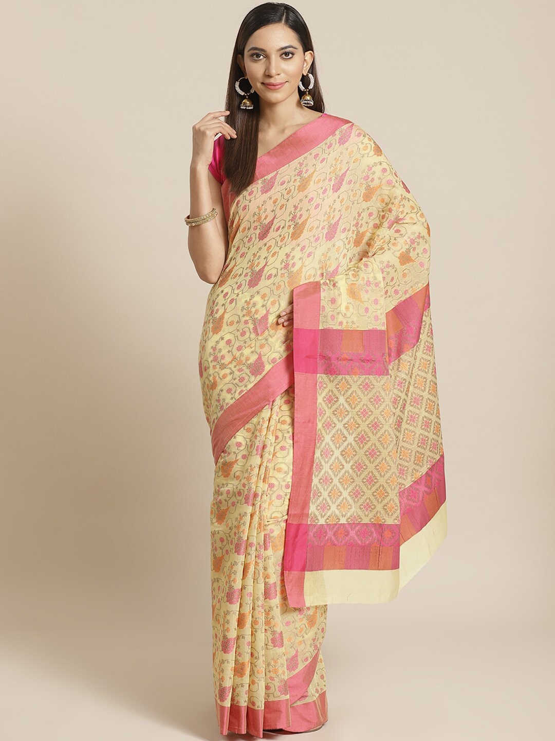 

Saranee Yellow & Pink Floral Banarasi Saree