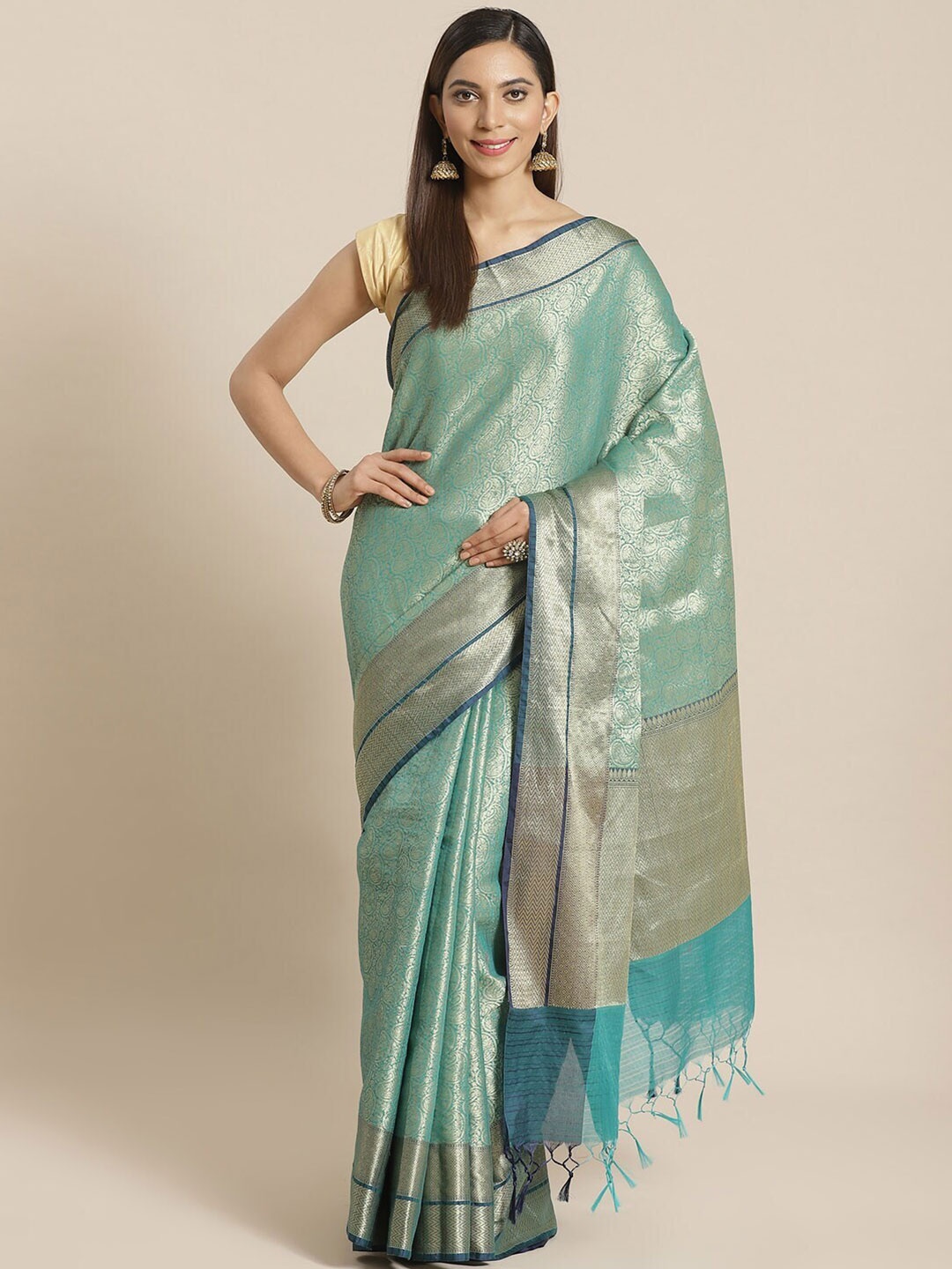 

Saranee Green & Grey Ethnic Motifs Zari Banarasi Saree