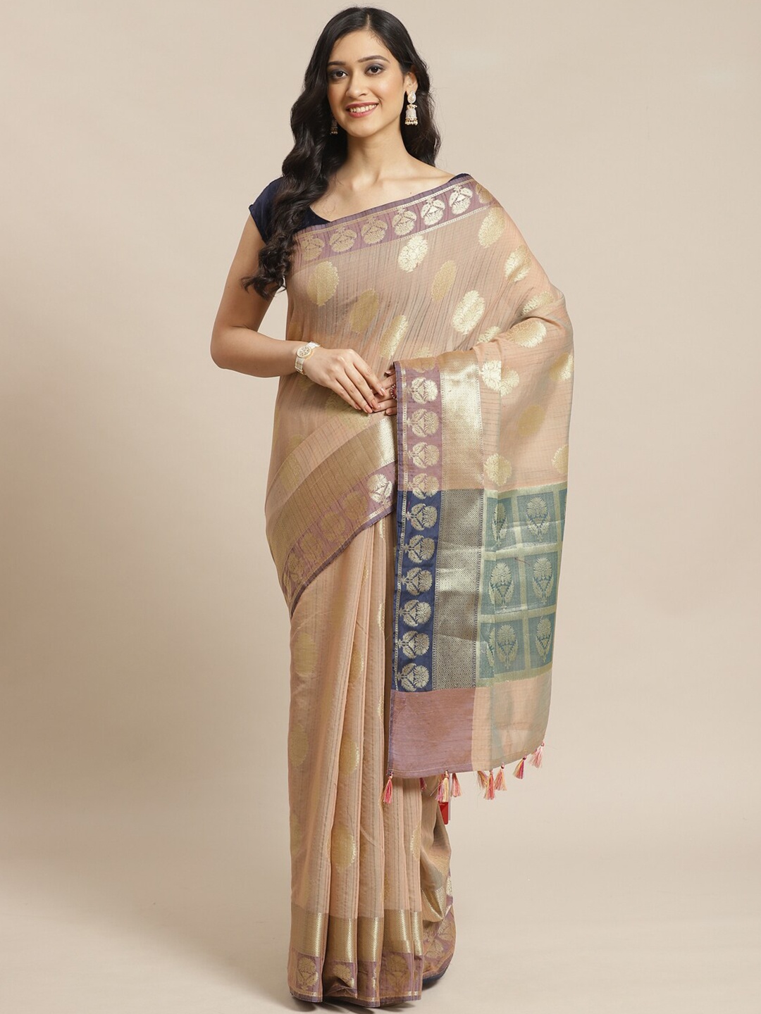 

Indethnic Beige & Green Woven Design Zari Banarasi Saree