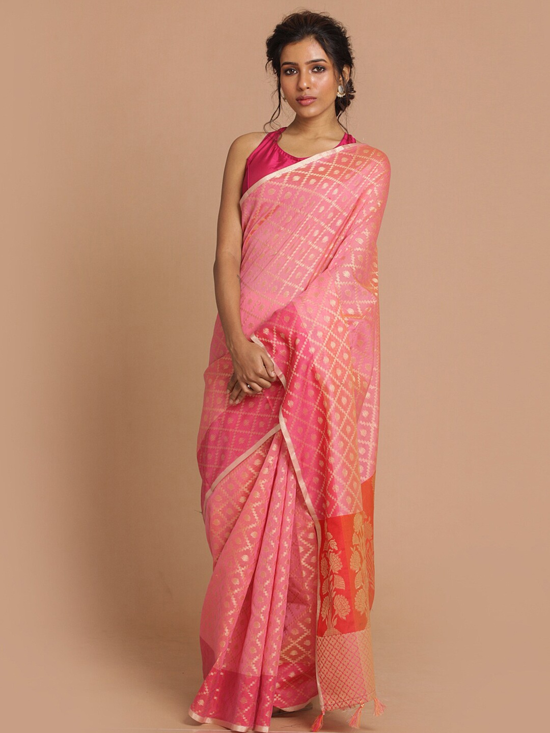 

Indethnic Pink & Gold Ethnic Motifs Zari Banarasi Saree