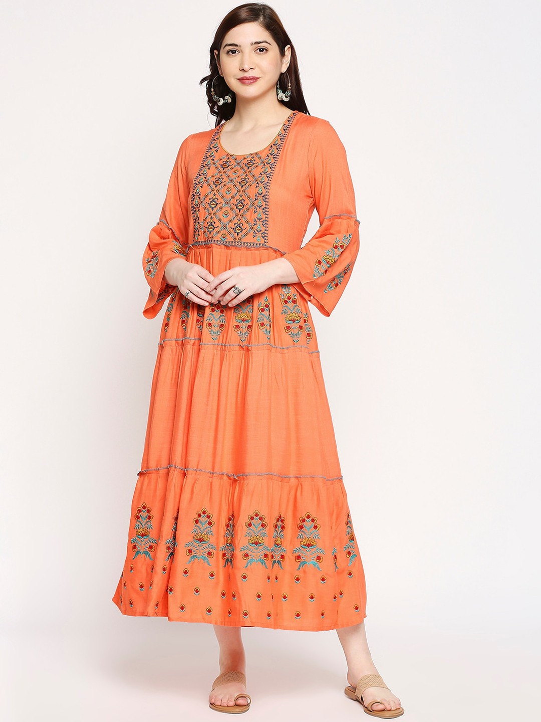 

ZRI Peach-Coloured Ethnic Motifs Embroidered Maxi Dress
