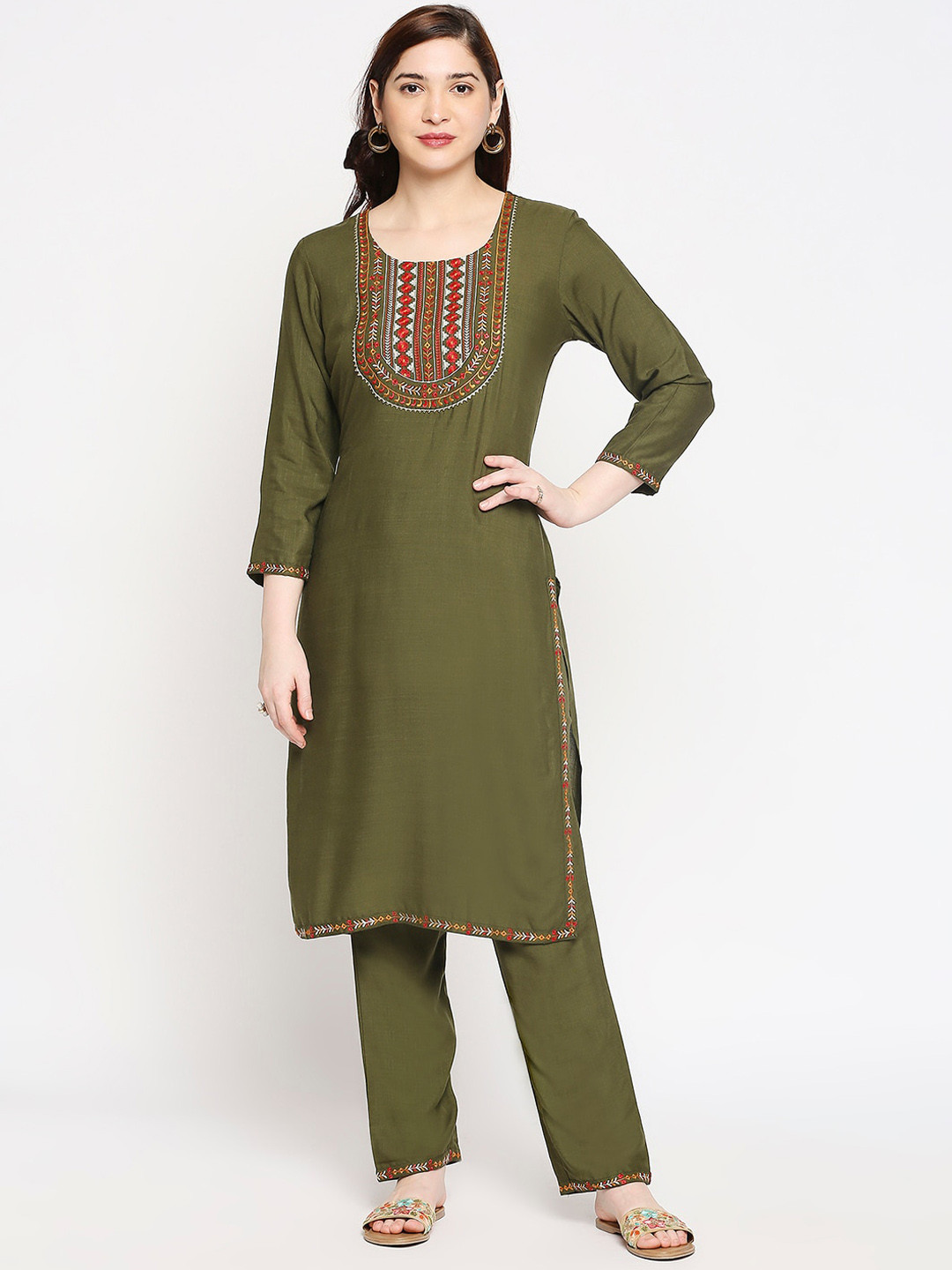 

ZRI Women Olive Green Yoke Design Regular Kurti with Trousers