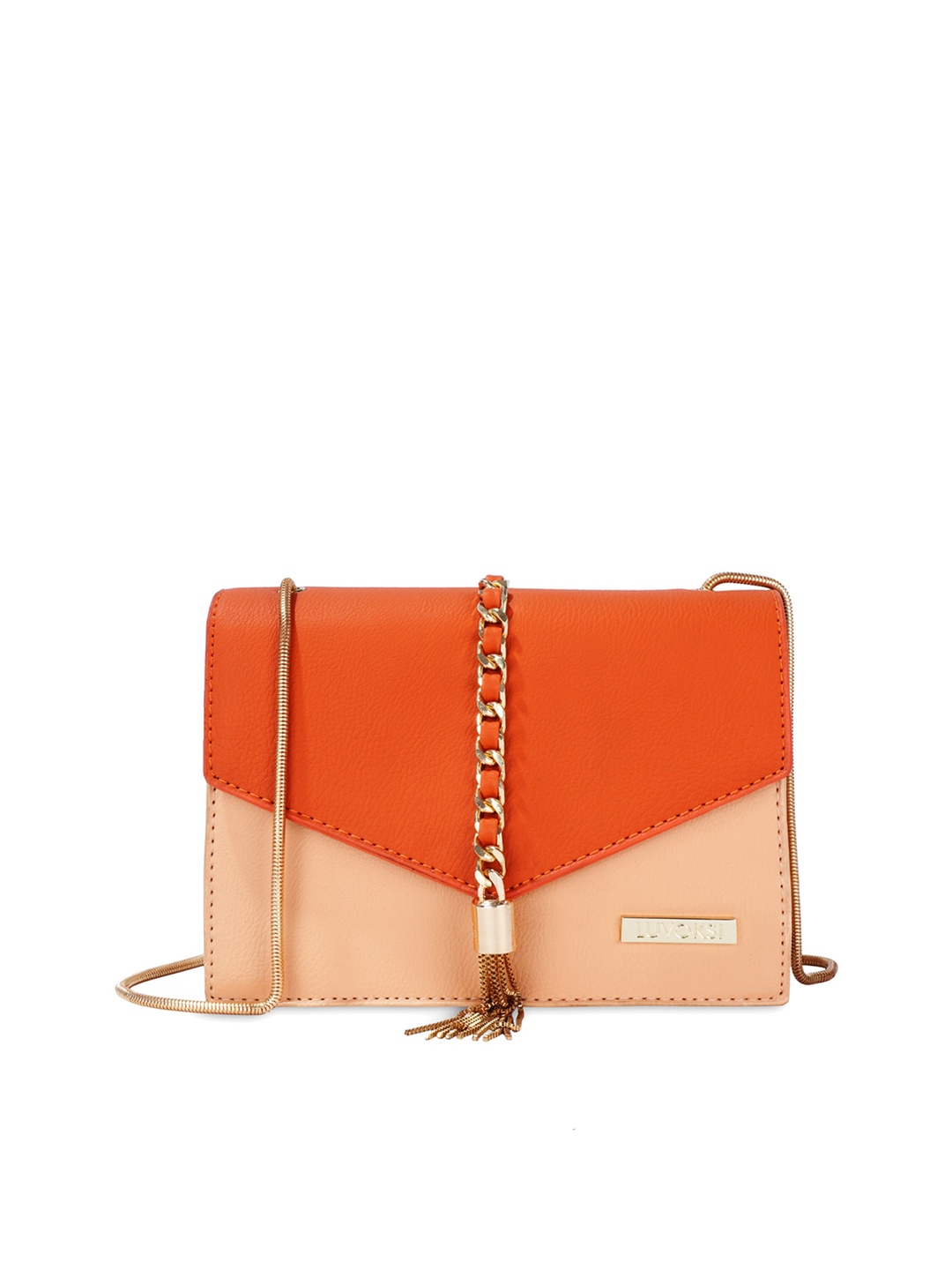 

Luvoksi Orange & Beige Colourblocked Structured Sling Bag