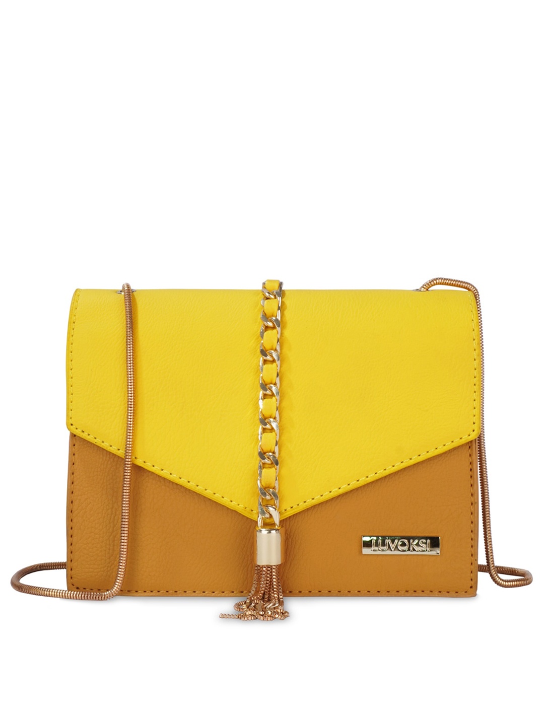 

Luvoksi Yellow Colourblocked PU Structured Sling Bag with Tasselled