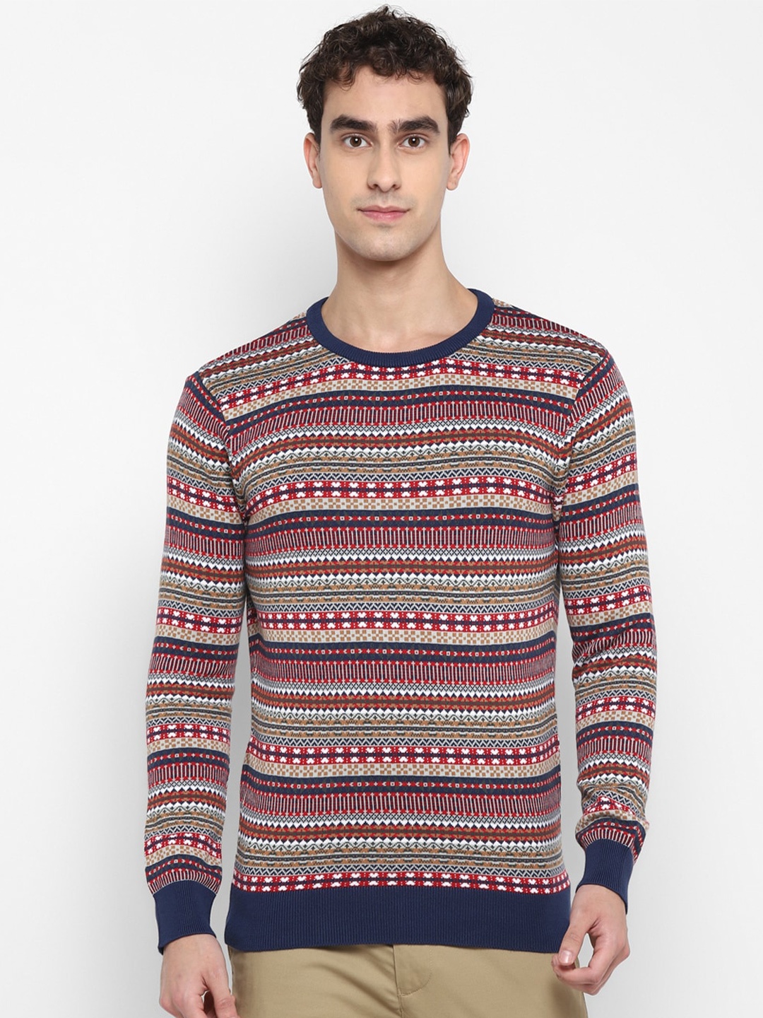 

Red Chief Men Navy Blue & Red Fair Isle Printed Cotton Pullover Sweater