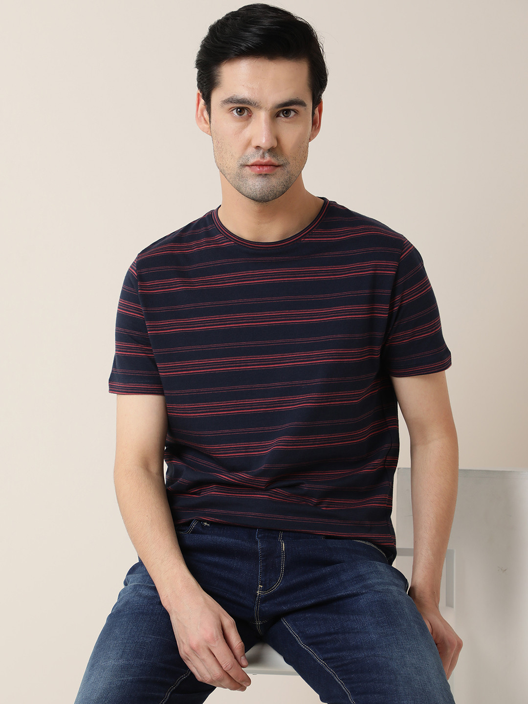

RARE RABBIT Men Rings-4 Slim Fit Solid Polo Collar T-Shirt, Navy blue