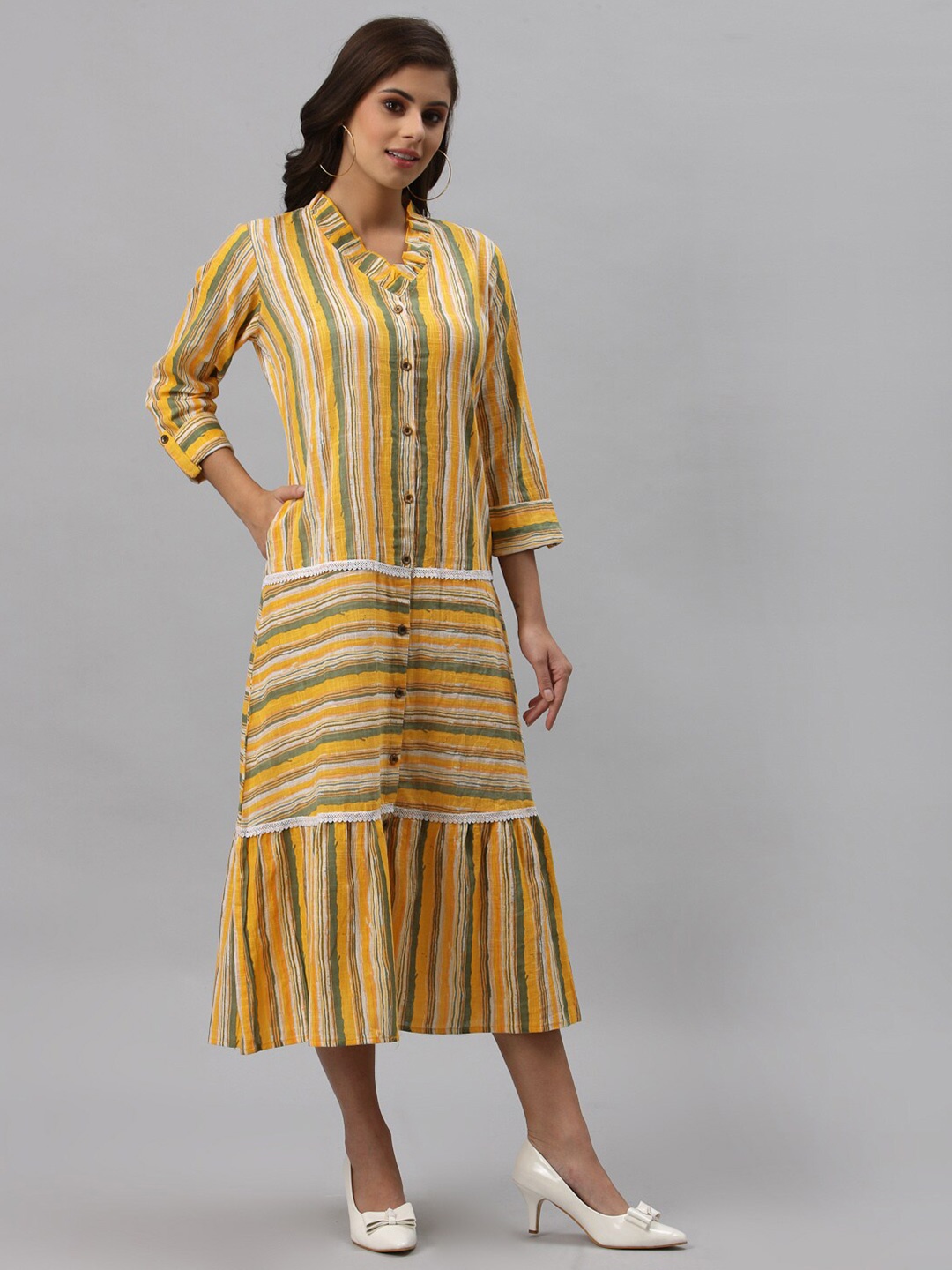 

Get Glamr Yellow Striped Linen A-Line Midi Dress