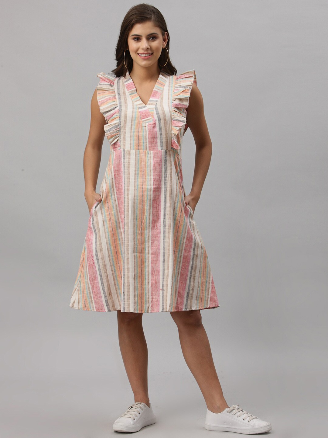 

Get Glamr Multicoloured Striped A-Line Dress, Multi