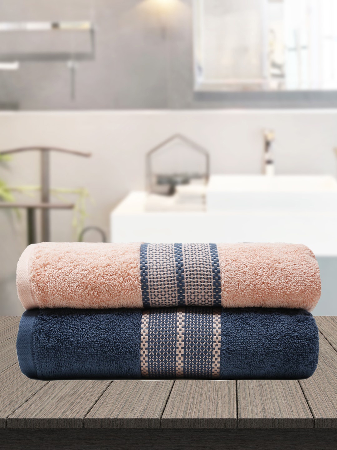 

Trident Pack of 2 Navy Blue & Pink 500 GSM Bath Towels