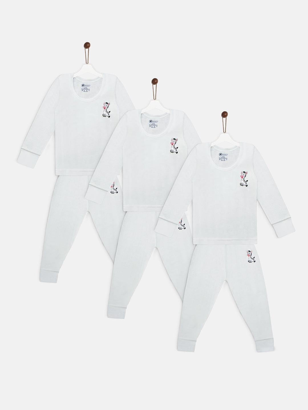 

YK Basics Kids Pack Of 3 Off White Striped Animal Printed Ribbed Thermal Set