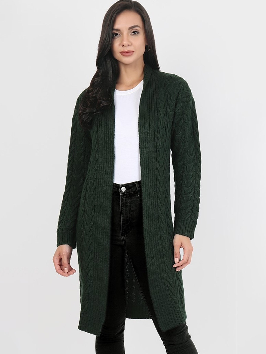 

JoE Hazel Women Olive Green Cable Knit Longline Front-Open