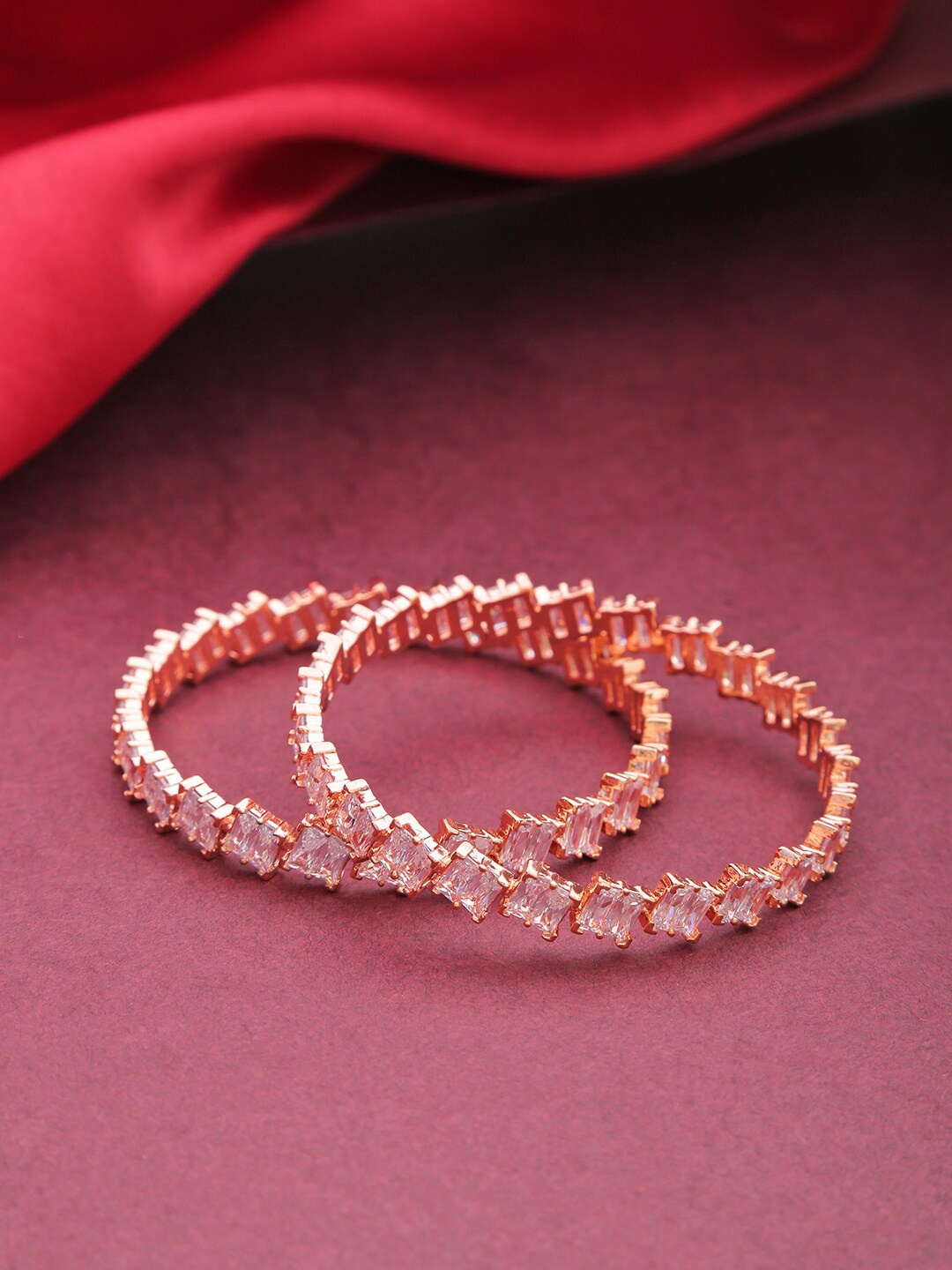 

Priyaasi Set Of 2 Rose Gold-Plated & White AD-Studded Baguette Cut Bangles