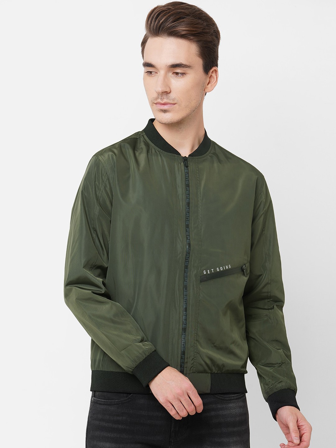 

Pepe Jeans Men Olive Green Striped Bomber Jacket