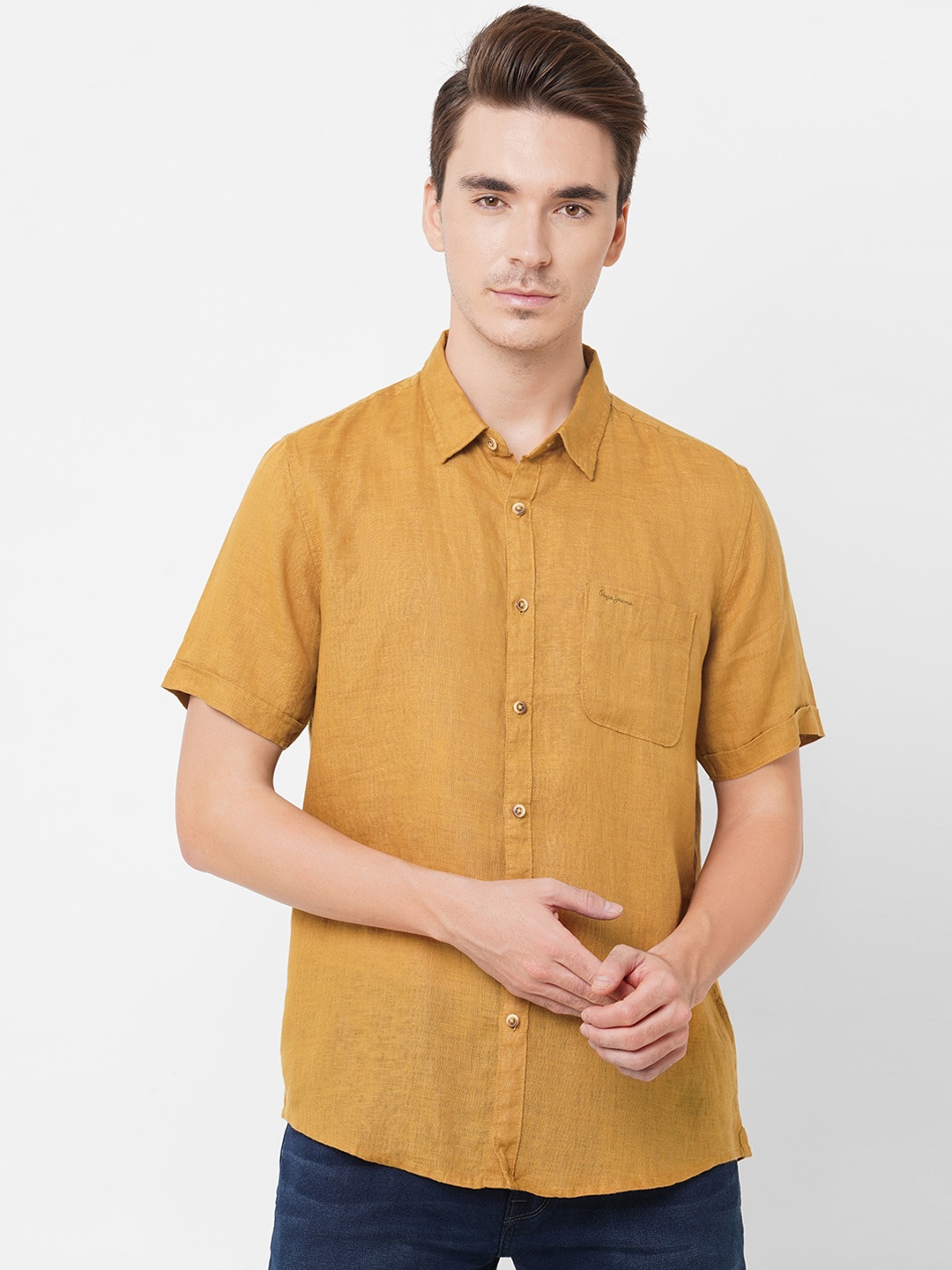 

Pepe Jeans Men Mustard Opaque Casual Linen Shirt
