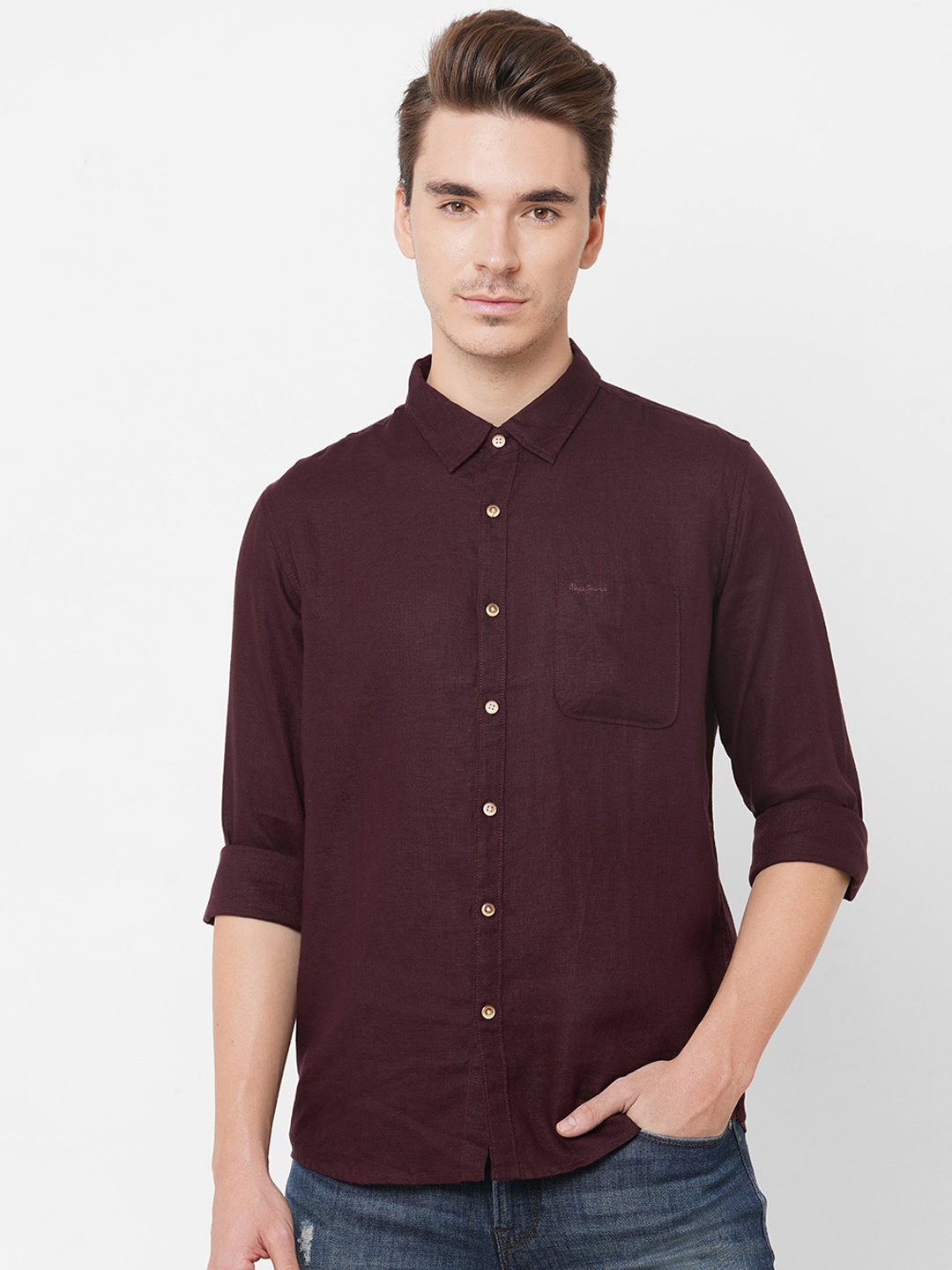 

Pepe Jeans Men Burgundy Opaque Casual Linen Shirt