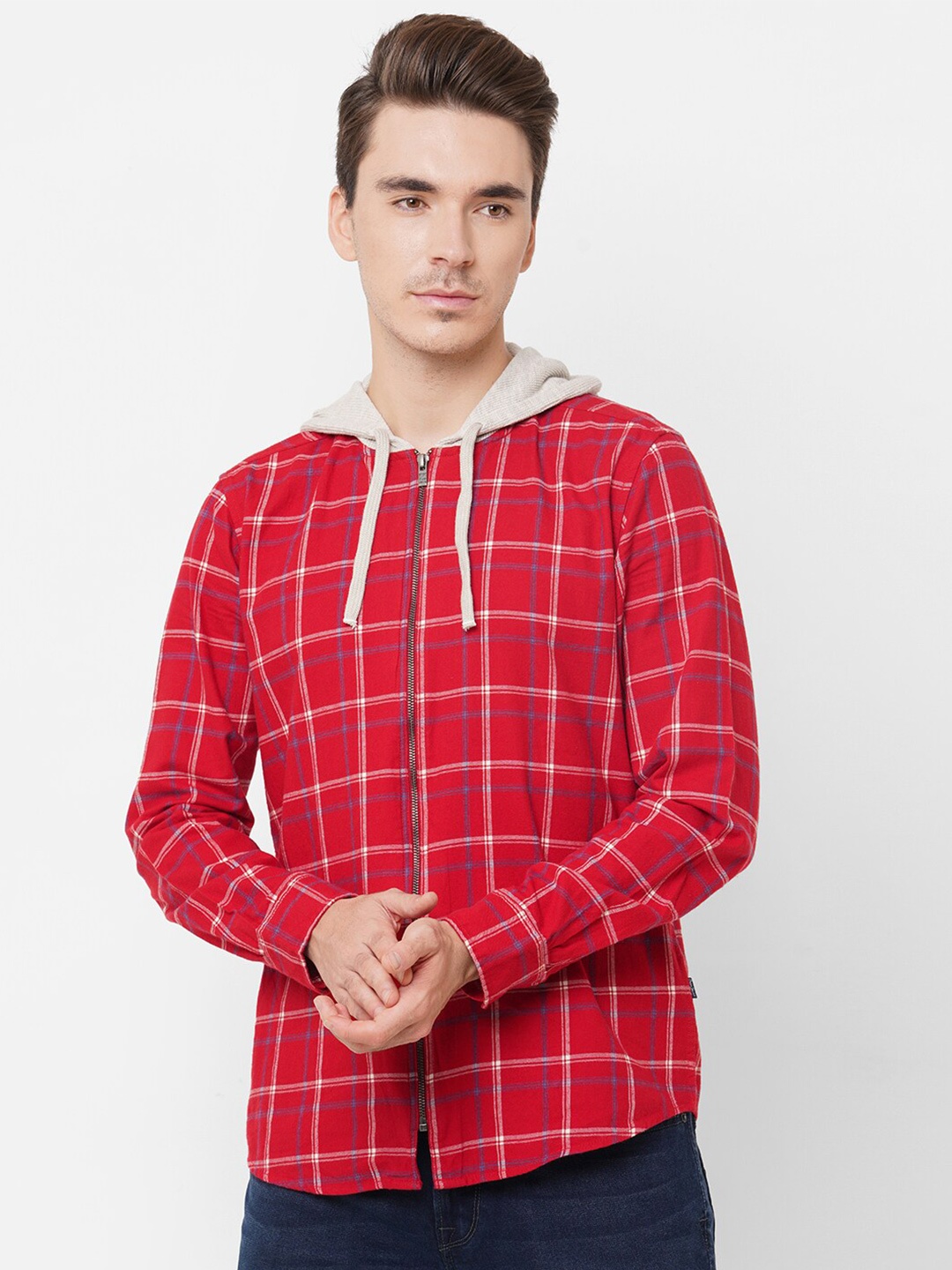 

Pepe Jeans Men Red Opaque Checked Hoodie Casual Shirt