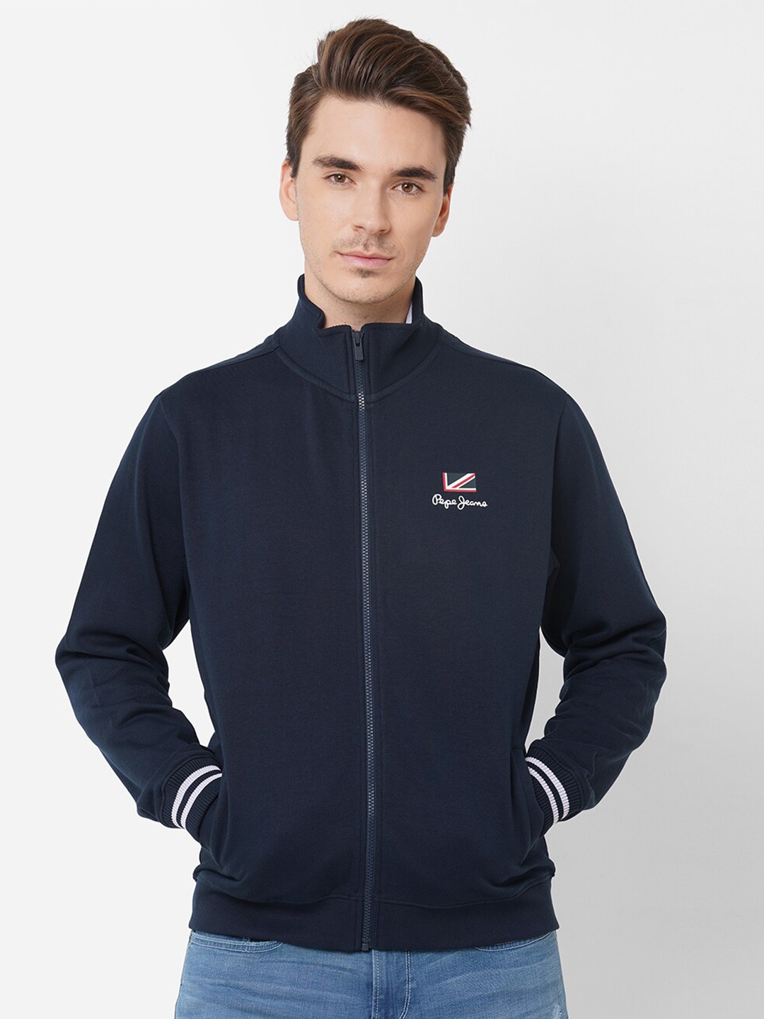 

Pepe Jeans Men Navy Blue Graphic Printed Zip Through Sweatshirt