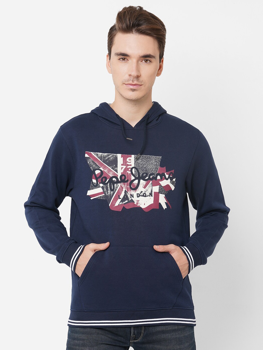 

Pepe Jeans Men Navy Blue Printed Hooded Sweatshirt