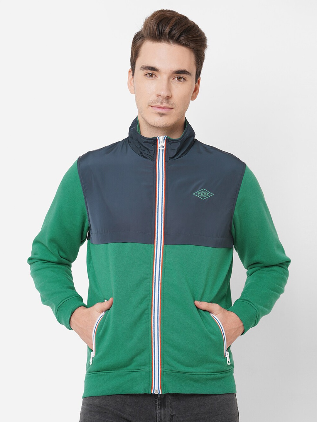 

Pepe Jeans Men Green Colourblocked Zip Through Sweatshirt