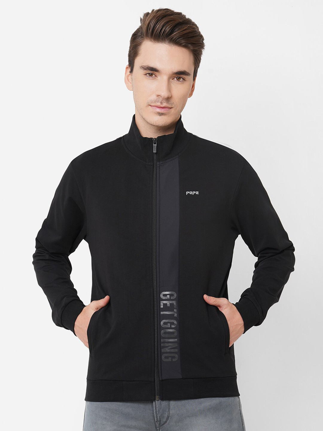 

Pepe Jeans Men Black Front Zipper Cut N Sew Sweatshirt