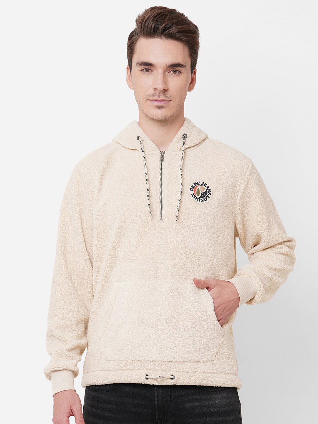 

Pepe Jeans Men Beige Quarterzip Hooded Sweatshirt