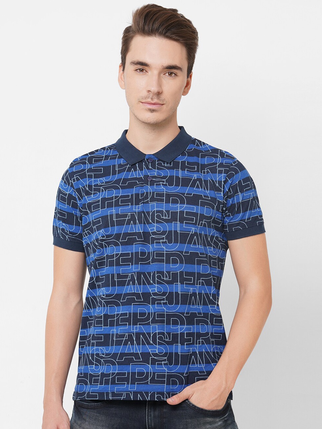 

Pepe Jeans Men Navy Blue Striped Polo T-shirt