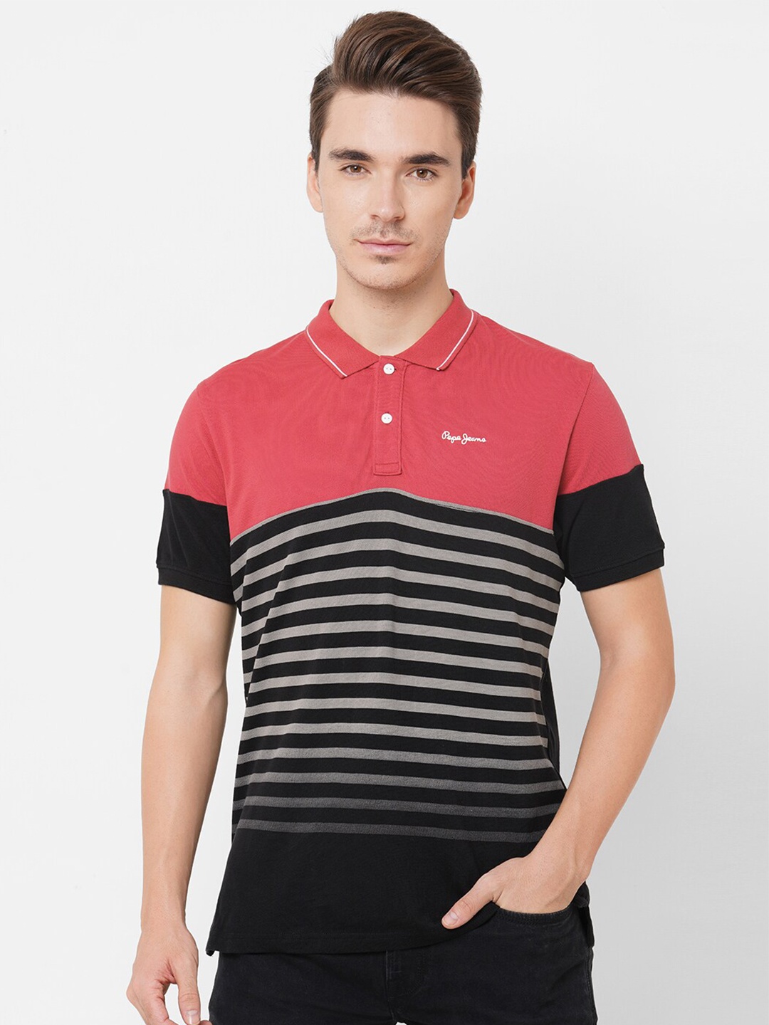 

Pepe Jeans Men Black Striped Polo Collar T-shirt