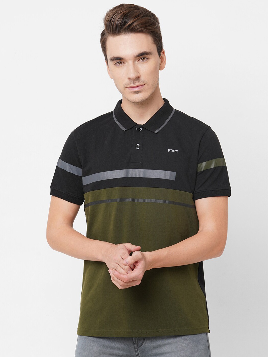 

Pepe Jeans Men Olive Green Colourblocked Polo Collar T-shirt